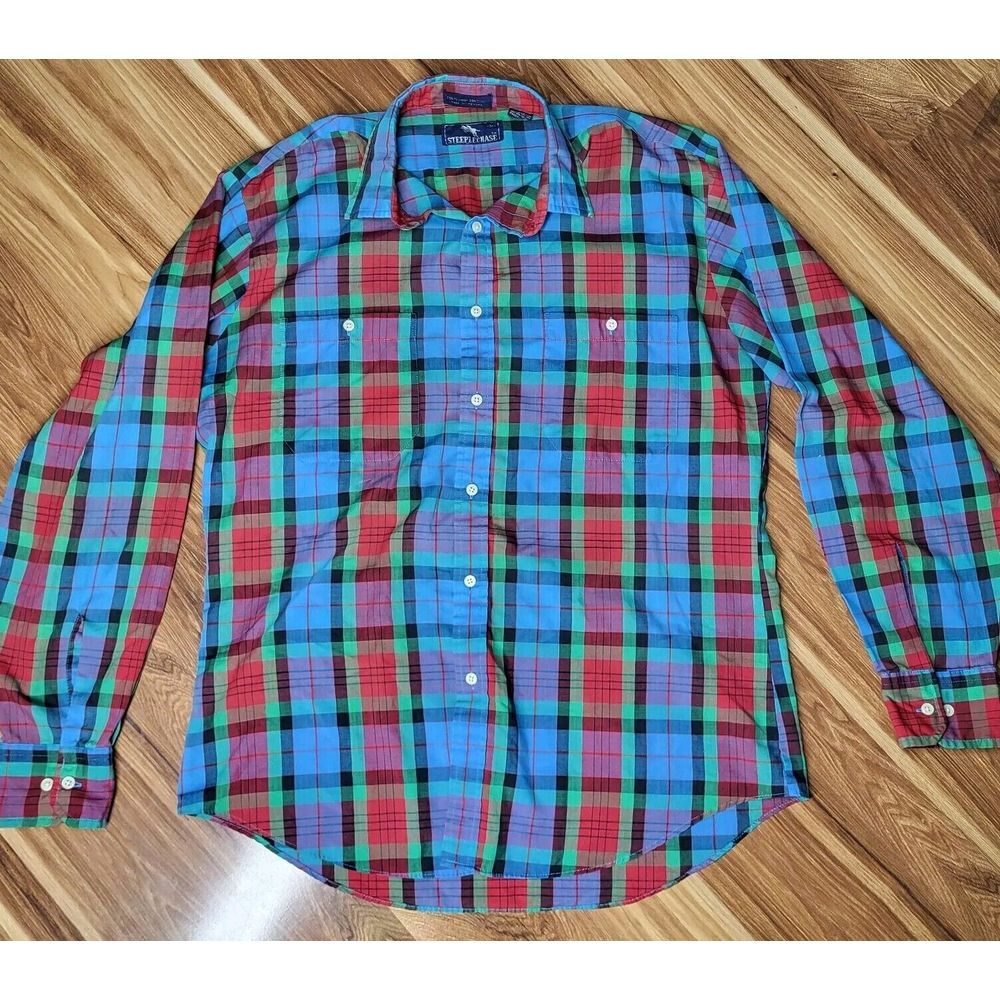 Mens Size Medium Colorful Madras Plaid Long Sleeve Button Up‎ Shirt Steeplechase